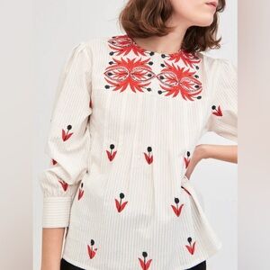 Antik Batik Mexi Embroidered Pleated Red White Blouse Large